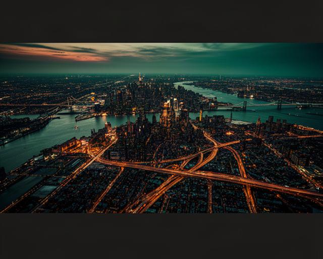 Aerial view of the New York and New Jersey region at dusk with city lights and highways