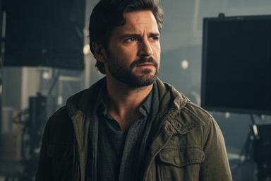 Pedro Pascal on a television set in costume for a contemporary streaming drama